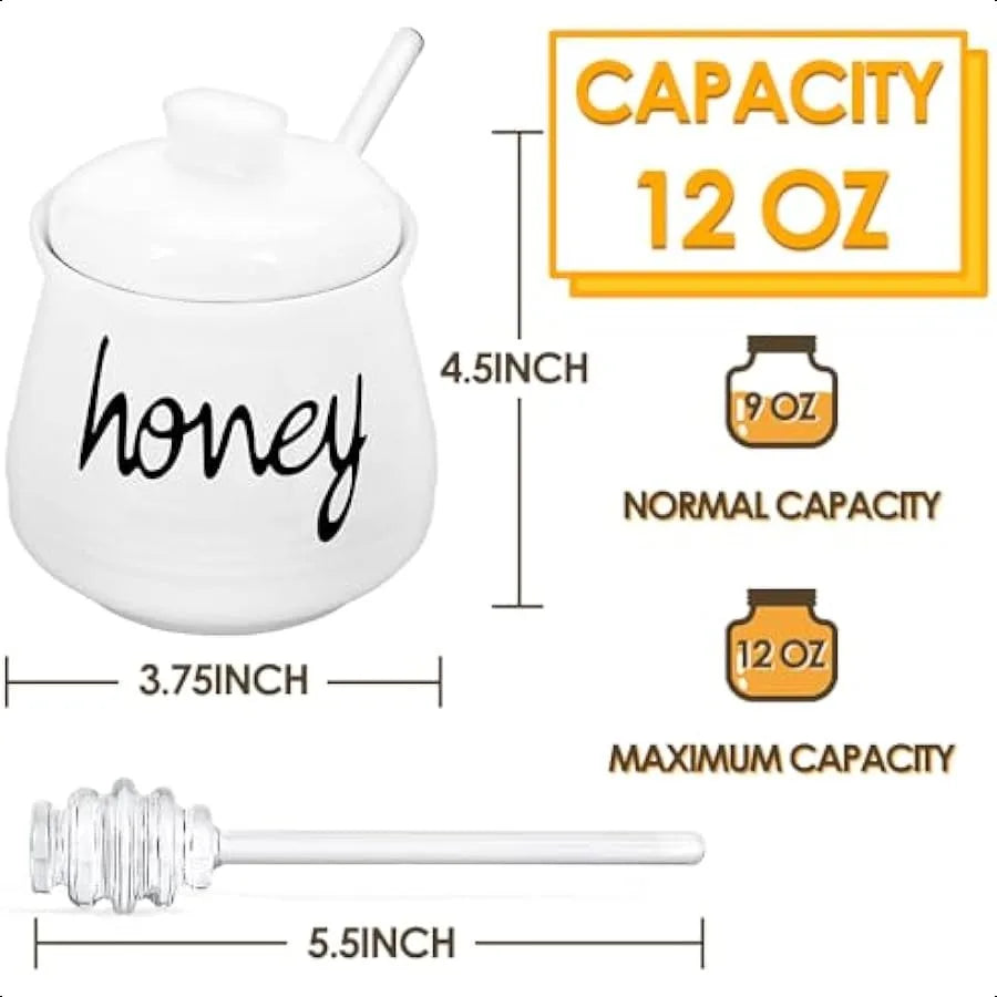 Porcelain Honey Pot with Lid and Glass Honey Stick 12oz Ceramic Honey Dispenser with Dipper for Home Kitchen