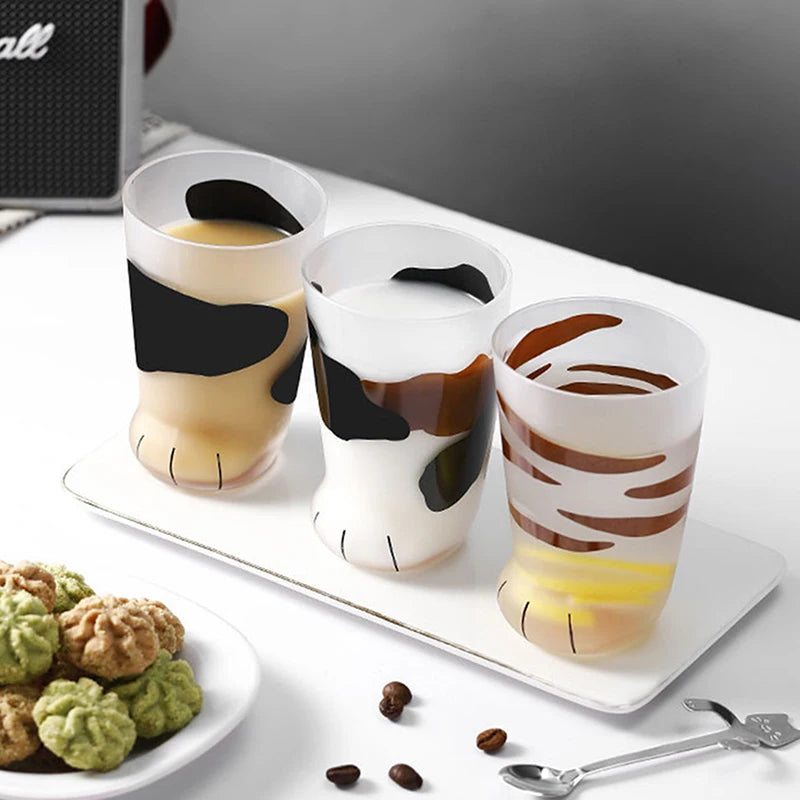 Animals Glass Cup 300ML Creative Cute Cartoon Cat Paw Water Bottle Milk Juice Frosted Drinking Cold Drink Mug Coffee Cup