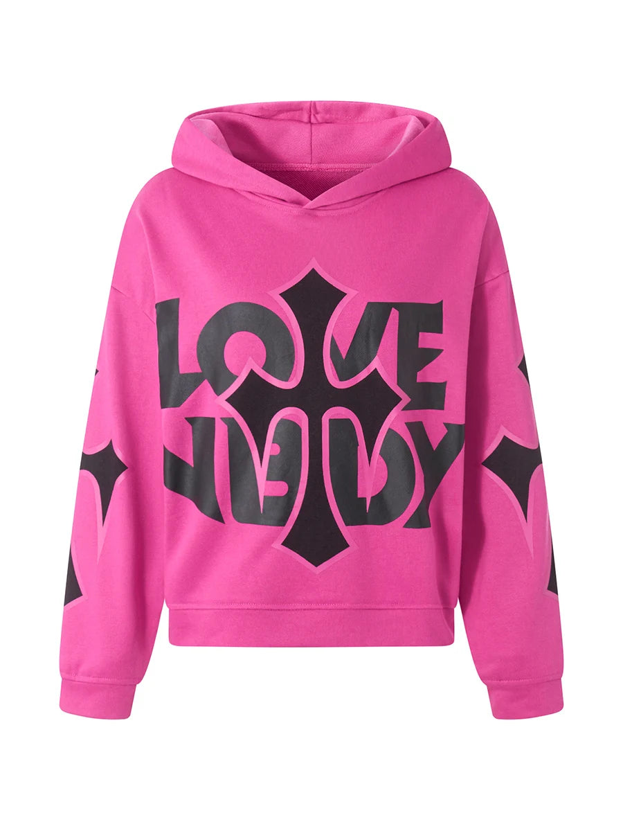 Women s Casual Fall Hood Sweatshirt Cross Letter Print Long Sleeve Loose Hoodies Streetwear