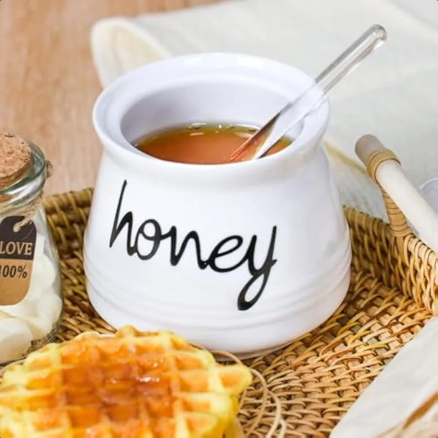Porcelain Honey Pot with Lid and Glass Honey Stick 12oz Ceramic Honey Dispenser with Dipper for Home Kitchen
