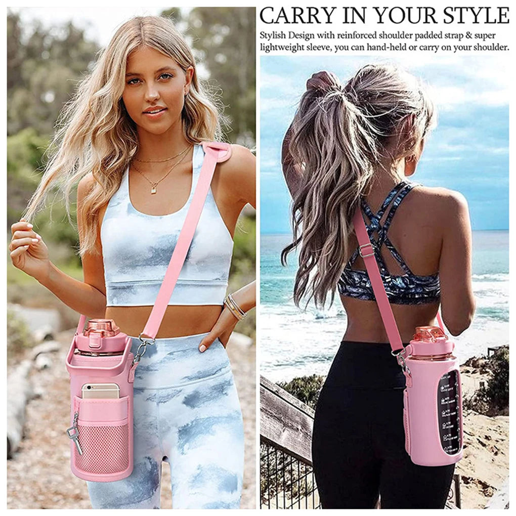 Hiking Traveling Water Bottle Cover with Shoulder Strap Insulated Kettle Bag Thermal Vacuum Flask Sleeve Pouch Pink