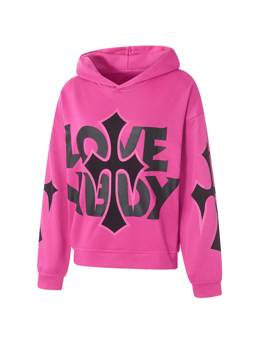 Women s Casual Fall Hood Sweatshirt Cross Letter Print Long Sleeve Loose Hoodies Streetwear