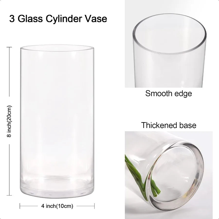 Set of 3 Glass Cylinder Vases8 Inch Tall Clear Flower Vase Decorative Floral Vase for Home Decor Candle Holder Wedding Centerpi