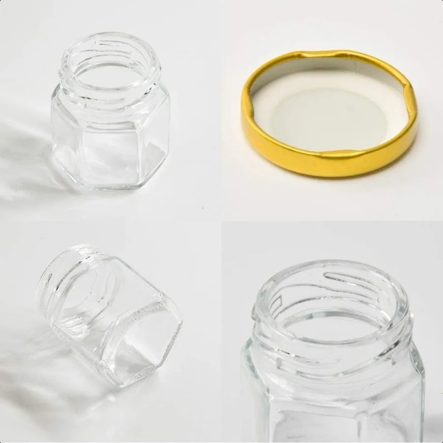 1.5oz 6Pack Mini Glass Hexagon Jars Gold Lids Jam Honey Dipper Wedding Favors Baby Food Candle Crafts Canning Jar Glasses jar G