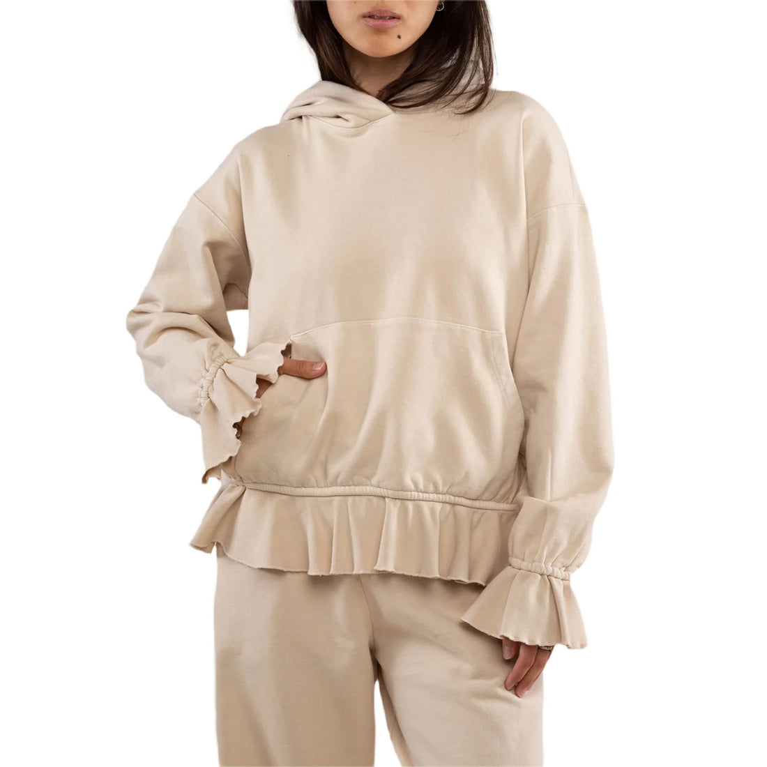 Women s Loose Hoodies Solid Color Rufles Hooded Long Sleeve Sweatshirts Pullovers Fall Winter Casual Tops