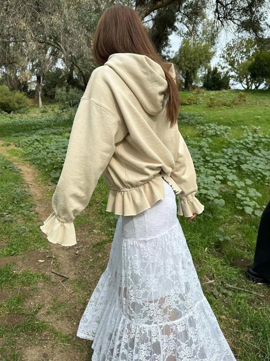Women s Loose Hoodies Solid Color Rufles Hooded Long Sleeve Sweatshirts Pullovers Fall Winter Casual Tops