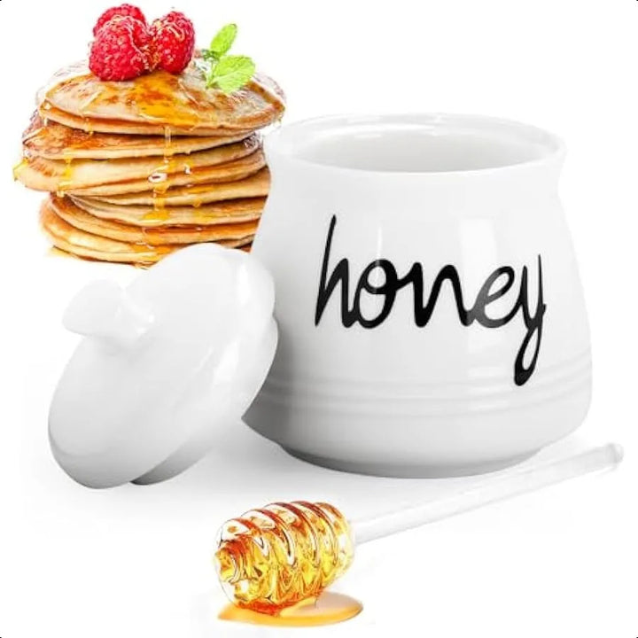 Porcelain Honey Pot with Lid and Glass Honey Stick 12oz Ceramic Honey Dispenser with Dipper for Home Kitchen