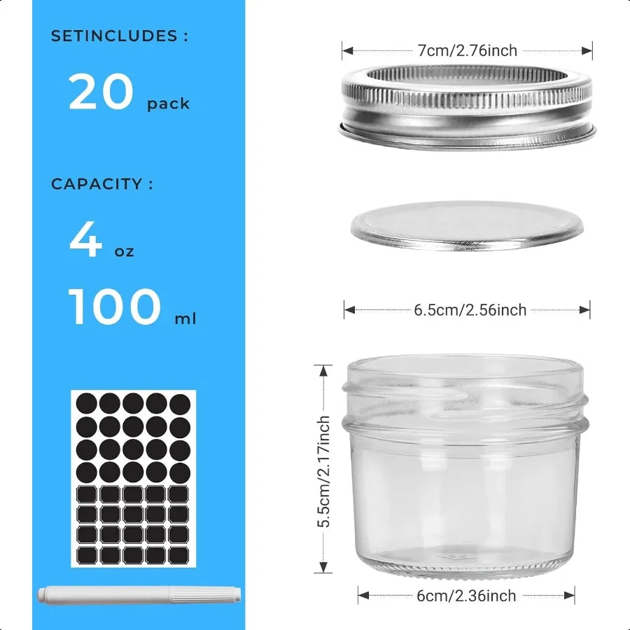 Keketin Mason Jars 4 oz with Airtight Lids and Bands20 Pack Wide Mouth Glass Jars with Lids 100ml Mini Glass Canning Jar for Ja