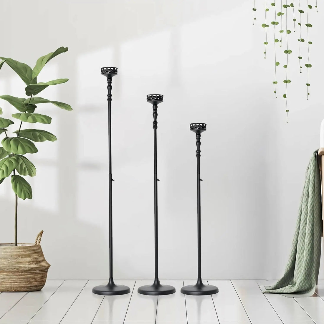 Floor Candle Holder Centerpieces for Tables 3Pcs Candle holders Metal Candlestick for Wedding Ceremony Halloween Decor (Black)