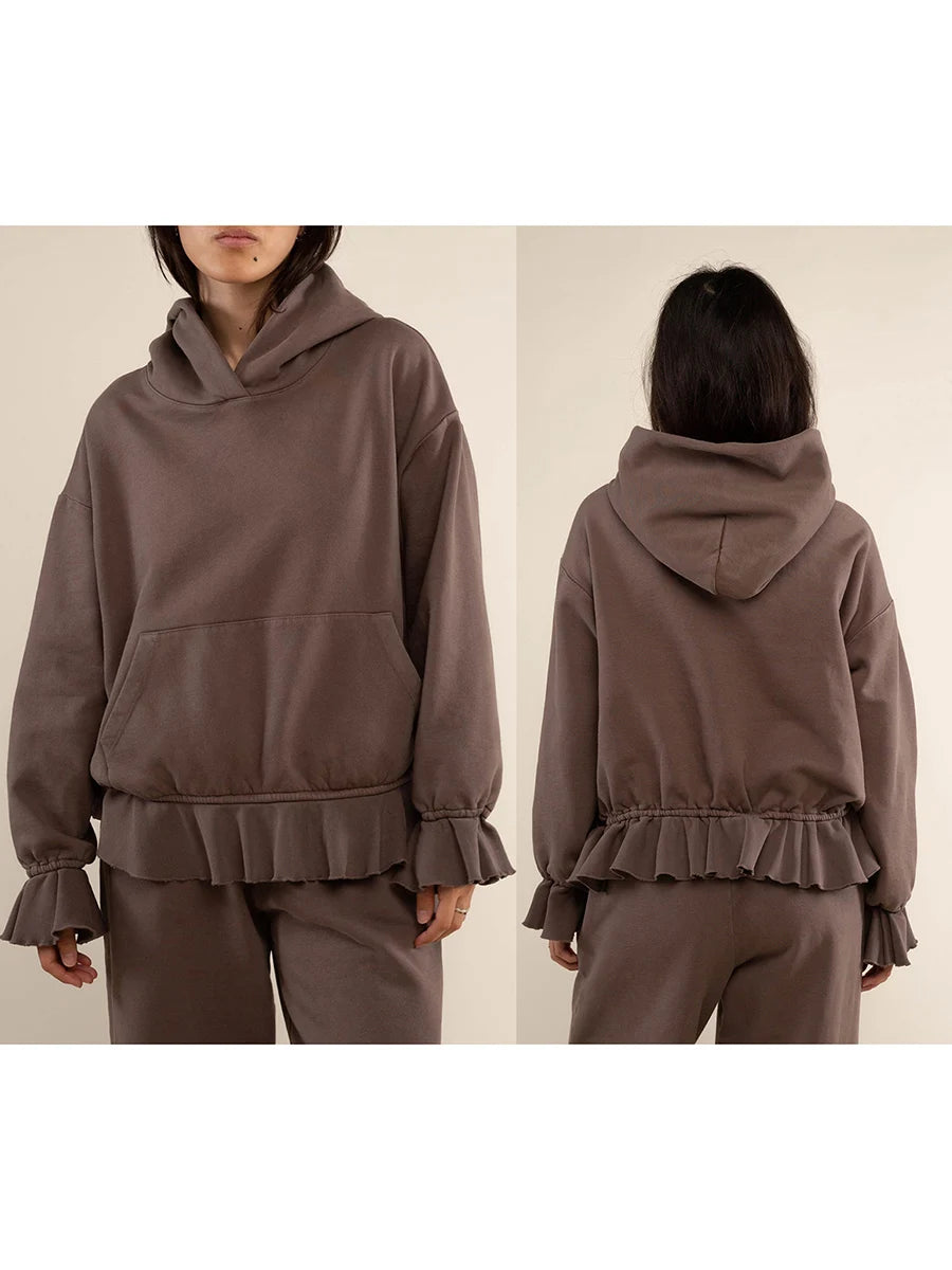 Women s Loose Hoodies Solid Color Rufles Hooded Long Sleeve Sweatshirts Pullovers Fall Winter Casual Tops
