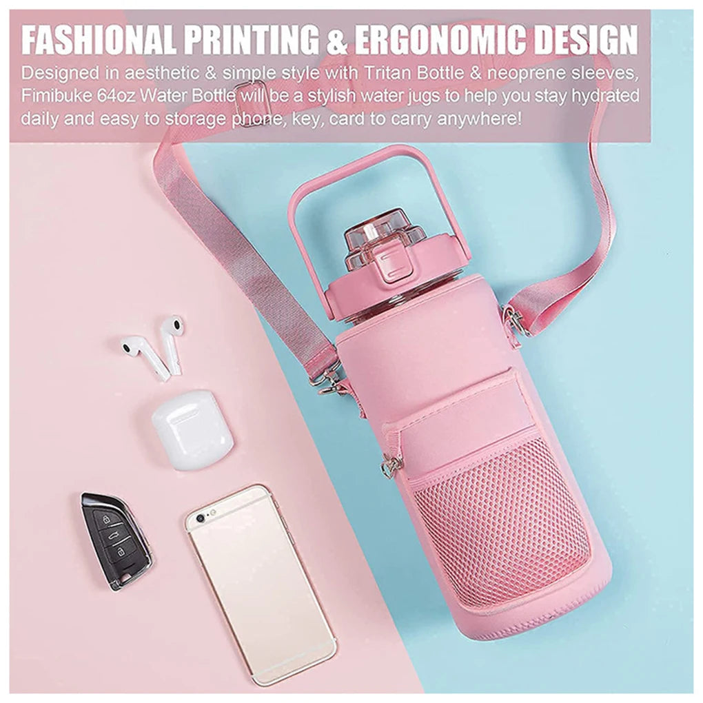 Hiking Traveling Water Bottle Cover with Shoulder Strap Insulated Kettle Bag Thermal Vacuum Flask Sleeve Pouch Pink