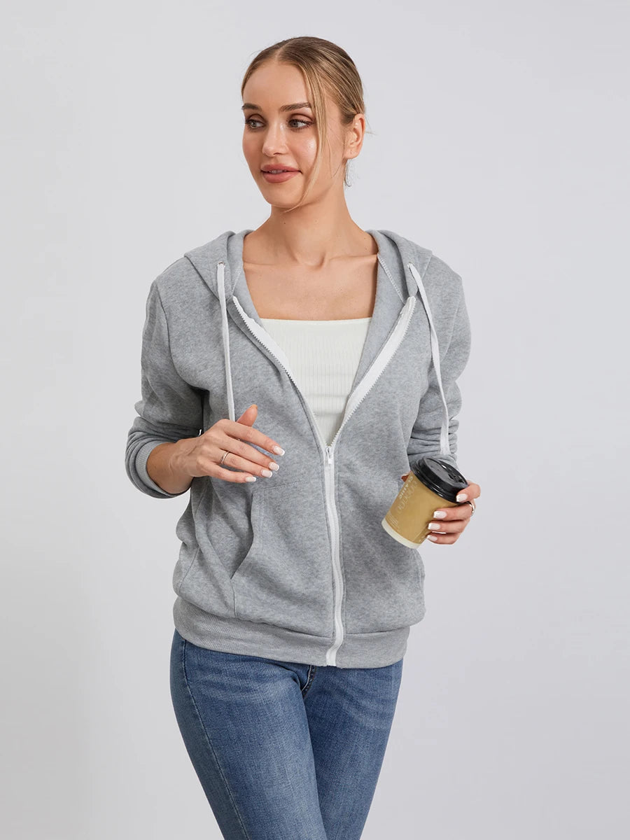 Women s Zip Up Hoodies Long Sleeve Solid Color Classic Fit Sweatshirts Jackets Streetwear Tops