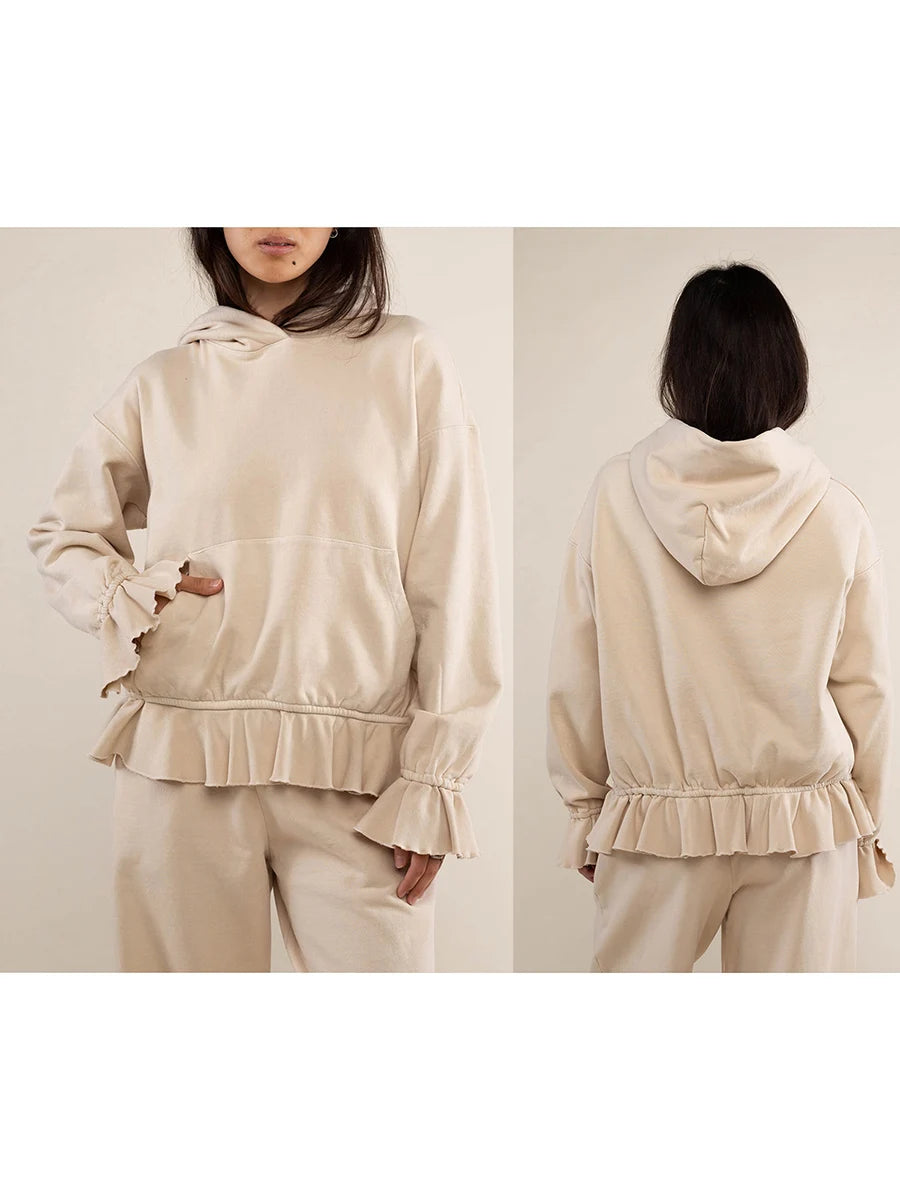Women s Loose Hoodies Solid Color Rufles Hooded Long Sleeve Sweatshirts Pullovers Fall Winter Casual Tops