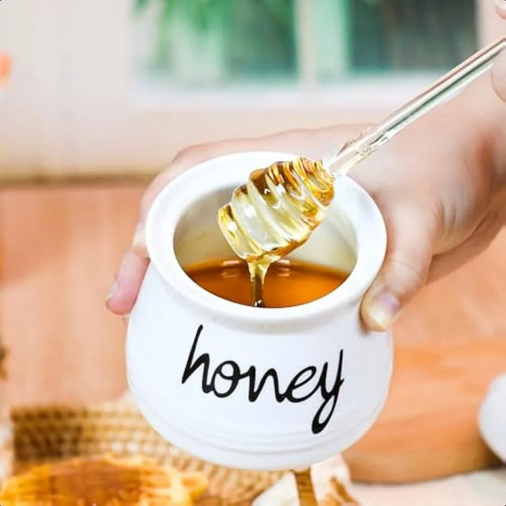 Porcelain Honey Pot with Lid and Glass Honey Stick 12oz Ceramic Honey Dispenser with Dipper for Home Kitchen