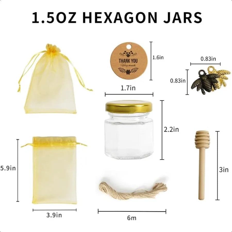 1.5oz 6Pack Mini Glass Hexagon Jars Gold Lids Jam Honey Dipper Wedding Favors Baby Food Candle Crafts Canning Jar Glasses jar G
