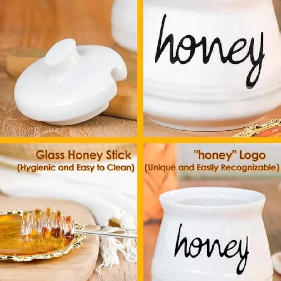 Porcelain Honey Pot with Lid and Glass Honey Stick 12oz Ceramic Honey Dispenser with Dipper for Home Kitchen