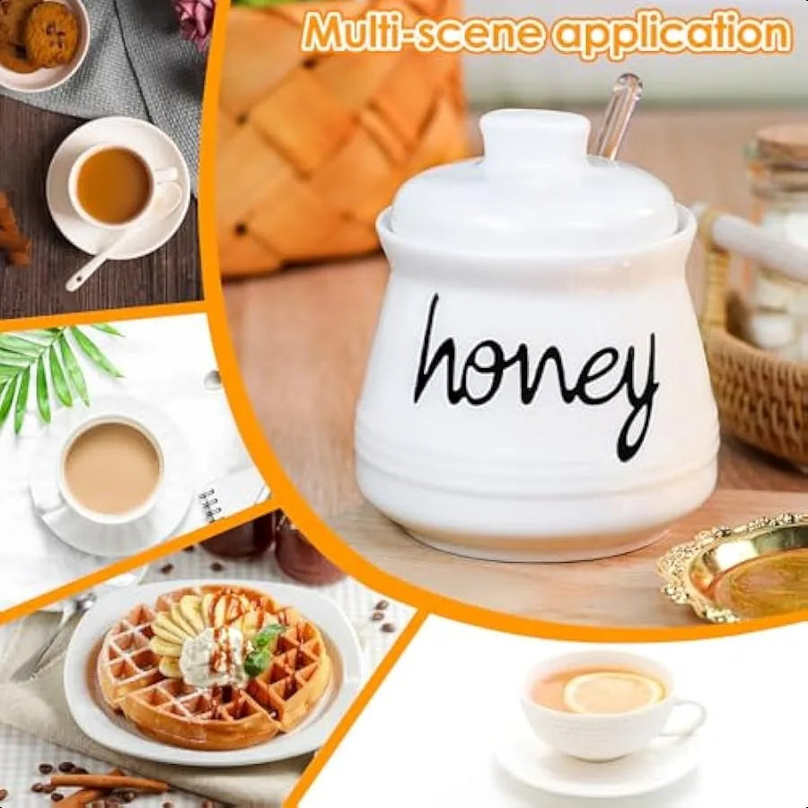 Porcelain Honey Pot with Lid and Glass Honey Stick 12oz Ceramic Honey Dispenser with Dipper for Home Kitchen