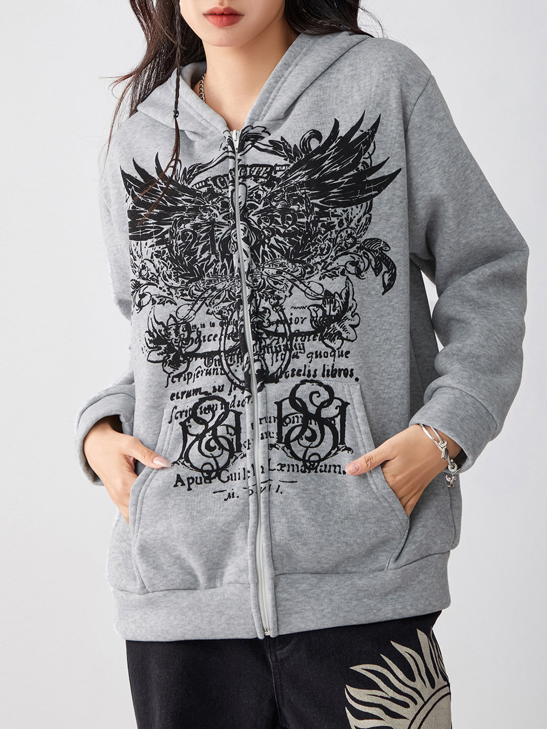 Women s Full Zip Hoodies Vintage Wings Print Long Sleeve Oversized Sweatshirts Grunge Jackets